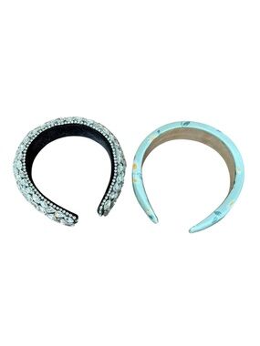 Rhinestone Jewel Bridal Headband & Light Green Floral Padded Satin - Lot of 2